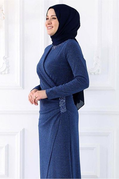 TRENDTESETTÜR Women's Dark Blue (Indigo) Stone Detailled Evening Dress t 9653