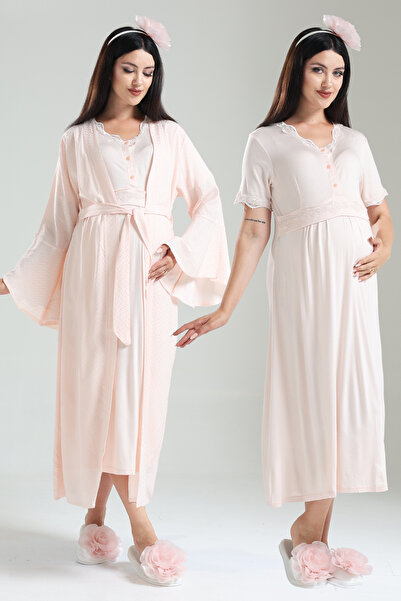 Lohussa طقم ملابس نوم للحوامل من قماش الجاكار بتصميم خاص من الدانتيل بطول كام...