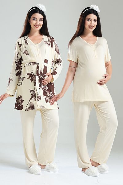 Lohussa Coffee Magnolia Patterned Design 100% Cotton Summer Maternity Maternity Dressing Gown Pajama Set