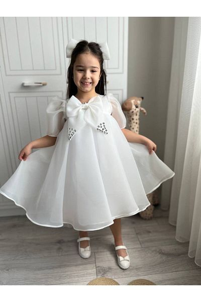 Sare Çocuk Giyim Princess White Girl's Dance φόρεμα, βραδινό φόρεμα Merasim με λαιμόκοψη με φιόγκο + πόρπη
