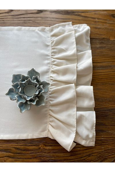 Decamor home Ecru Double Layer Ruffled Short Coffee Table Runner 40 X 80 cm