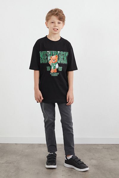 Fulla Moda New York Lettering and Teddy Bear Printed Boys' T-Shirt