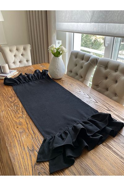Decamor home Black Double Layer Ruffled Short Coffee Table Runner 40 X 80 cm