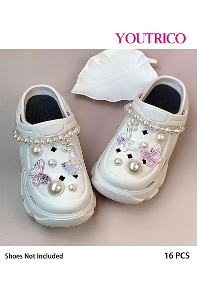 Youtrico 16pcs Purple and White Butterfly Pearl Jibbitz Charms for Slipper Ornament