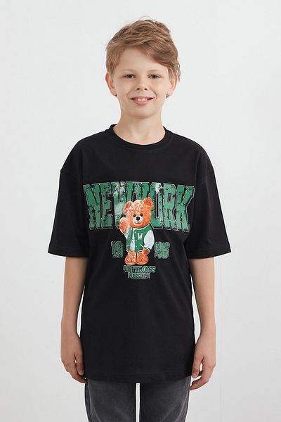 Fulla Moda New York Lettering and Teddy Bear Printed Boys' T-Shirt