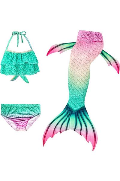 EarthKeepers Set costum de baie Ariel Sirenă, 3 piese, Roz/Verde, Include top, slip și coadă - 140 cm - 9-10 ani