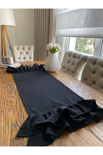 Decamor home Black Double Layer Ruffled Short Coffee Table Runner 40 X 80 cm