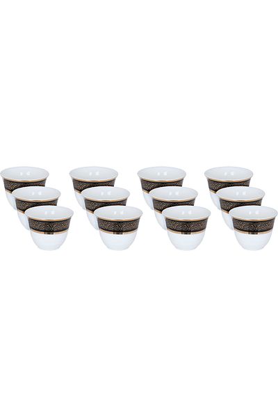 Alsaif Gallery Saif Gallery Porcelain Arabic Coffee Cup Set, Gold Engraving, 12 Pieces - White