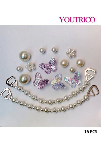 Youtrico 16pcs Purple and White Butterfly Pearl Jibbitz Charms for Slipper Ornament