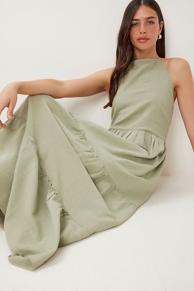 Lovelyİstanbul Καλοκαιρινό λινό φόρεμα με γιακά Halter Flounced CAGLA GREEN LGP0015