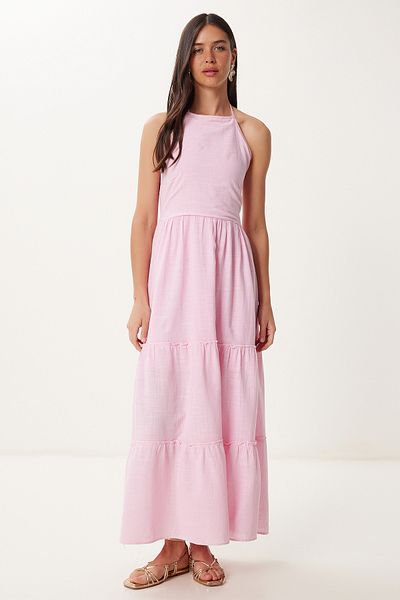 Lovelyİstanbul Halter Neckline Flounced Summer Linen Dress Candy Pink Lgp0015
