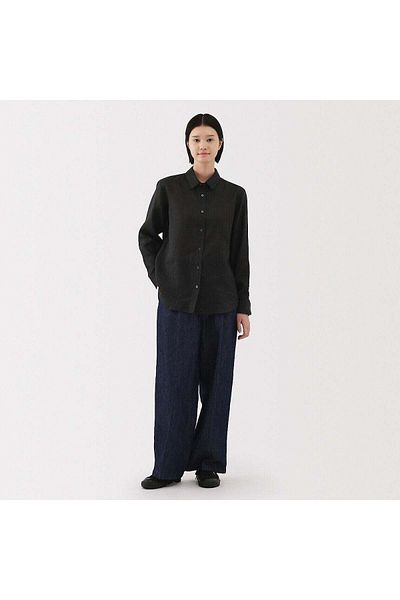Muji قميص كتان مغسول بياقة عادية وأكمام طويلة