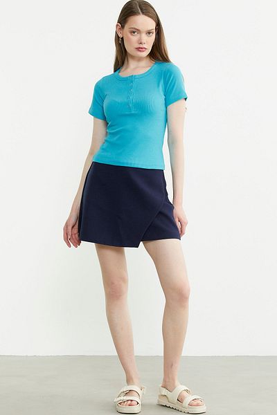 Sementa Buttoned Short Sleeve Basic T-Shirt - Turquoise