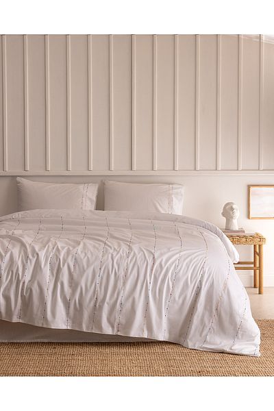 Madame Coco Estampe Double 100% Cotton Ranforce Embroidered Duvet Cover Set - White