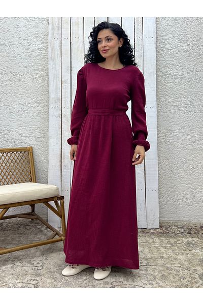 KÜÇÜĞÜM BUTİK Φόρεμα Hijab Burgundy Muslin Gathered Waist