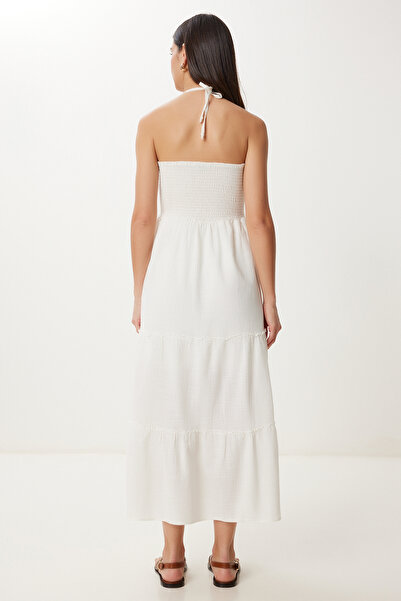 Lovelyİstanbul Halter Yaka Volanlı Yazlık Keten Elbise EKRU LGP0015
