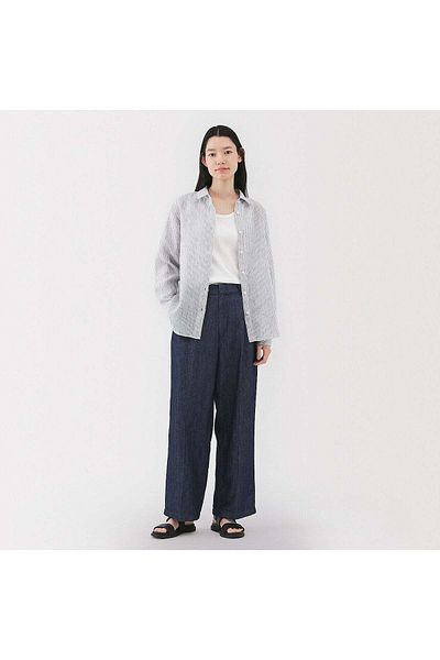 Muji قميص كتان مغسول بياقة عادية وأكمام طويلة