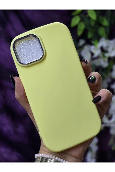 Magic Ring Iphone 13 / 14 Uyumlu Metal Kamera Çerçeveli Mat Sarı Silikon Kılıf