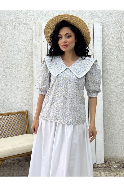 KÜÇÜĞÜM BUTİK Γκρι Daisy Vintage Μπλούζα με μεγάλο γιακά