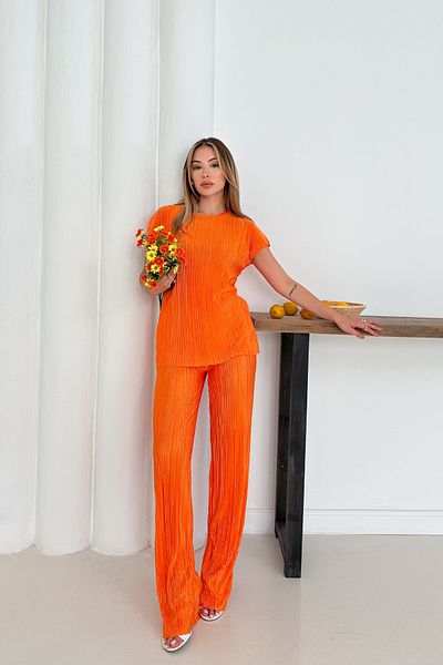 MİROR Women's Orange Bat Sleeve Pleated Pocket Detailed Casual Suit