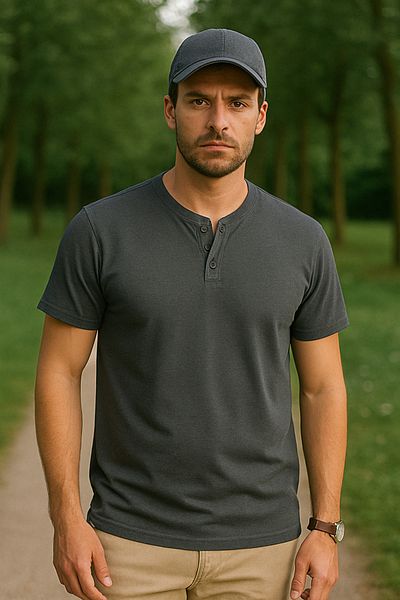 LACİVERTMEN 2124 Henley T-shirt Καφέ με λεπτομέρεια με κουμπιά Basic Casual T-shirt