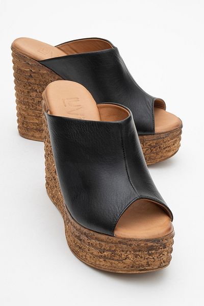 LuviShoes Nelly Black Skin Genuine Leather Women's Wedge Heeled Slippers