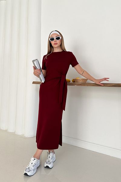 MİROR Women's Burgundy Modal Fabric Side Tie Detail Slit Dress