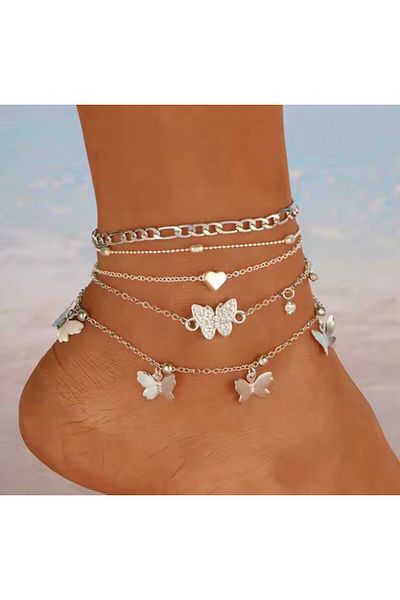 REDz Accessories Silver Anklet Set, Heart and Butterflies, 4 Pieces, Elegant Glam Style, Silver