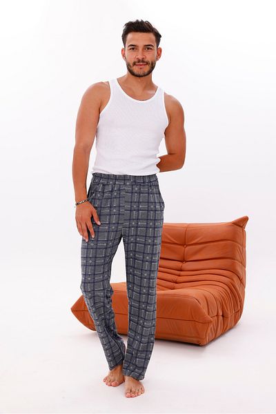Pijamasoft Cotton Pocket Plaid Printed Stylish and Comfortable Summer Men's Pajama Bottoms with Elastic Waist Gray-Navy Blue 17