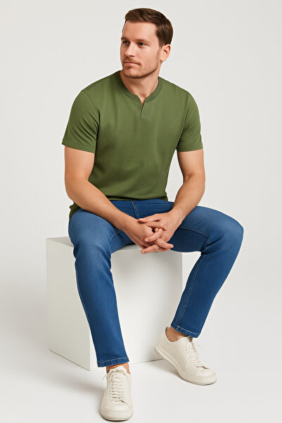 LACİVERTMEN 2124 Henley T-shirt Καφέ με λεπτομέρεια με κουμπιά Basic Casual T-shirt