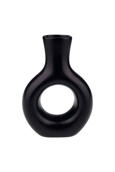 Blusmart Vaza decorativa cu gat subtire si cerc, Ceramica, 13x18cm, Negru