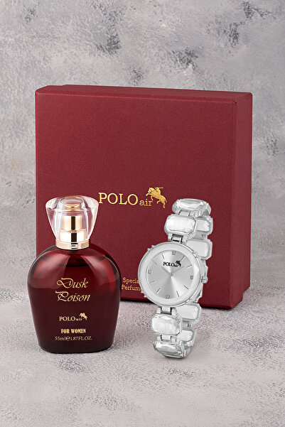 Polo Air Lüx Taşlı Kadın Kol Saati Parfüm Bordo Hediyelik Kutsunda Set Gümüş ...