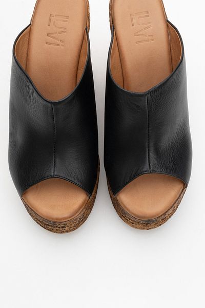 LuviShoes Nelly Black Skin Genuine Leather Women's Wedge Heeled Slippers
