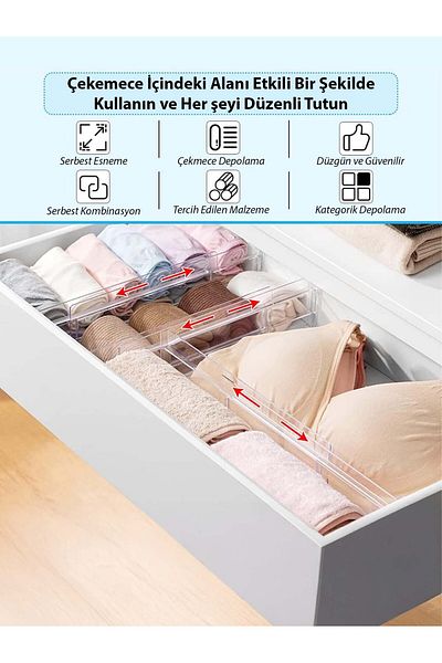 Ekici home textile 3Pcs Multipurpose Strip Organizer Drawer Organizer - Adjustable Transparent Socks Bra Rack