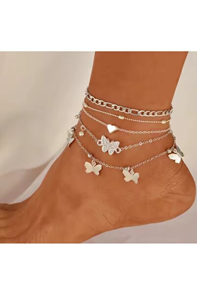 REDz Accessories Set de brățări de gleznă din argint, inimă și fluturi, 4 piese, stil elegant și glamuros, argintiu