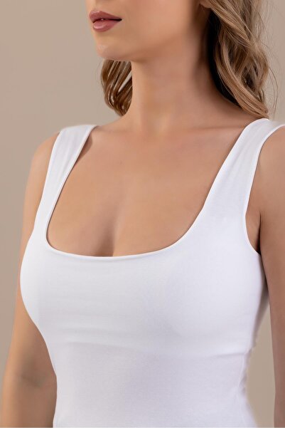 BAYKAR Kalın Askılı Kare Yaka Çıkarılabilir Pedli Sütyenli Kadın Atlet 6300 Beyaz