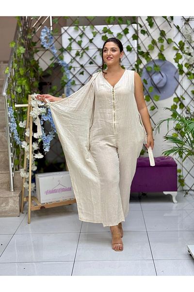 Punta Otantik Nc61252 Italian Zippered Tie-Up Linen Jumpsuit Cream