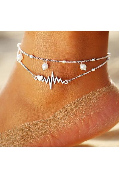 REDz Accessories Brățară de gleznă, argint, inimă și bătăi de inimă, lanț dublu și perle
