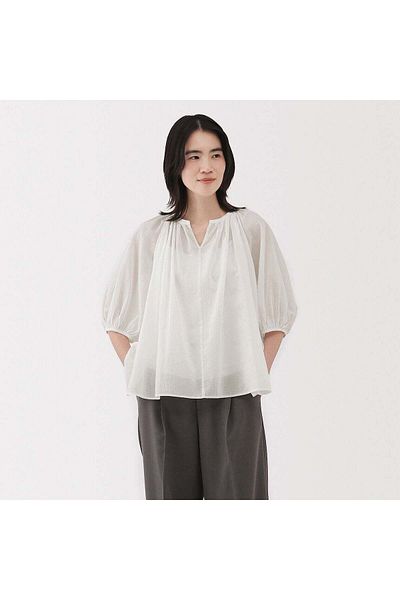 Muji بلوزة بأكمام قصيرة وحجاب ملتوي عالي