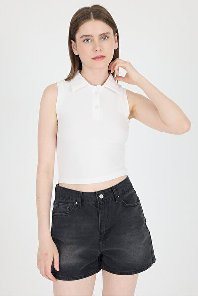 Rays Bluză tricotată cu mâneci zero cu guler polo ecru 2219