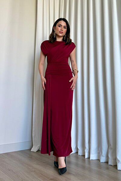 ROUPAS Şal Yaka Büzgü Detaylı Elbise