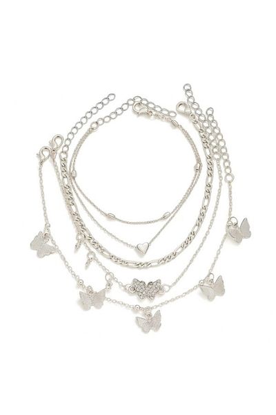 REDz Accessories Silver Anklet Set, Heart and Butterflies, 4 Pieces, Elegant Glam Style, Silver