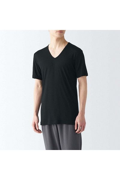 Muji تي شيرت Cool Touch Lyocell برقبة على شكل حرف V وأكمام قصيرة