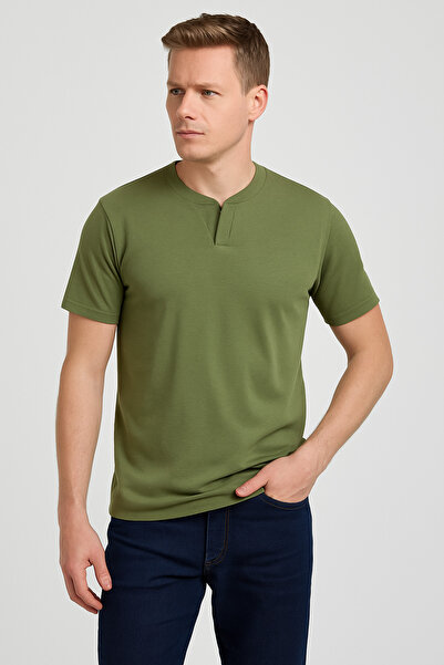 LACİVERTMEN 2124 Henley T-shirt Καφέ με λεπτομέρεια με κουμπιά Basic Casual T-shirt