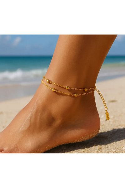 REDz Accessories Gold Anklet with Double Chain and Decorative Balls, Adjustable