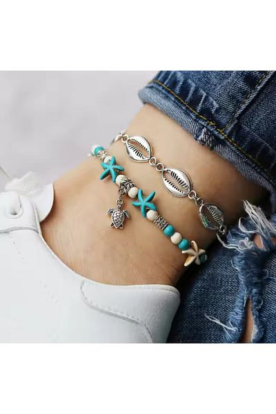 REDz Accessories Brățară dublă pentru gleznă, stil boho marin, cu scoici, stele și broască țestoasă, reglabilă, argintie