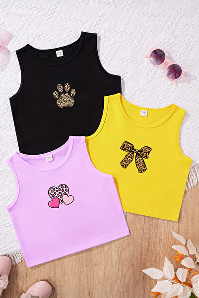 TARZ STİL Kız Çocuk Leopar pati Temalı 3'lü Crop Tişört Seti 23456 23495 23496