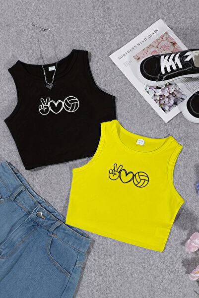 TARZ STİL Kız Çocuk Voleybol Baskılı 2'li Crop Tişört Seti 23383 23383-1