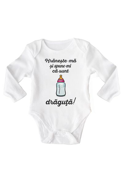 OEM Body bebe, Hraneste-ma si spune-mi ca sunt draguta, 3 -6 luni, maneca lunga, bonisa creativ, alb, 10