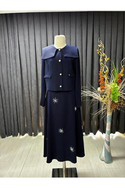 Zühre İnci Taş Detaylı Düz Kesim Lacivert Takım TK-1523